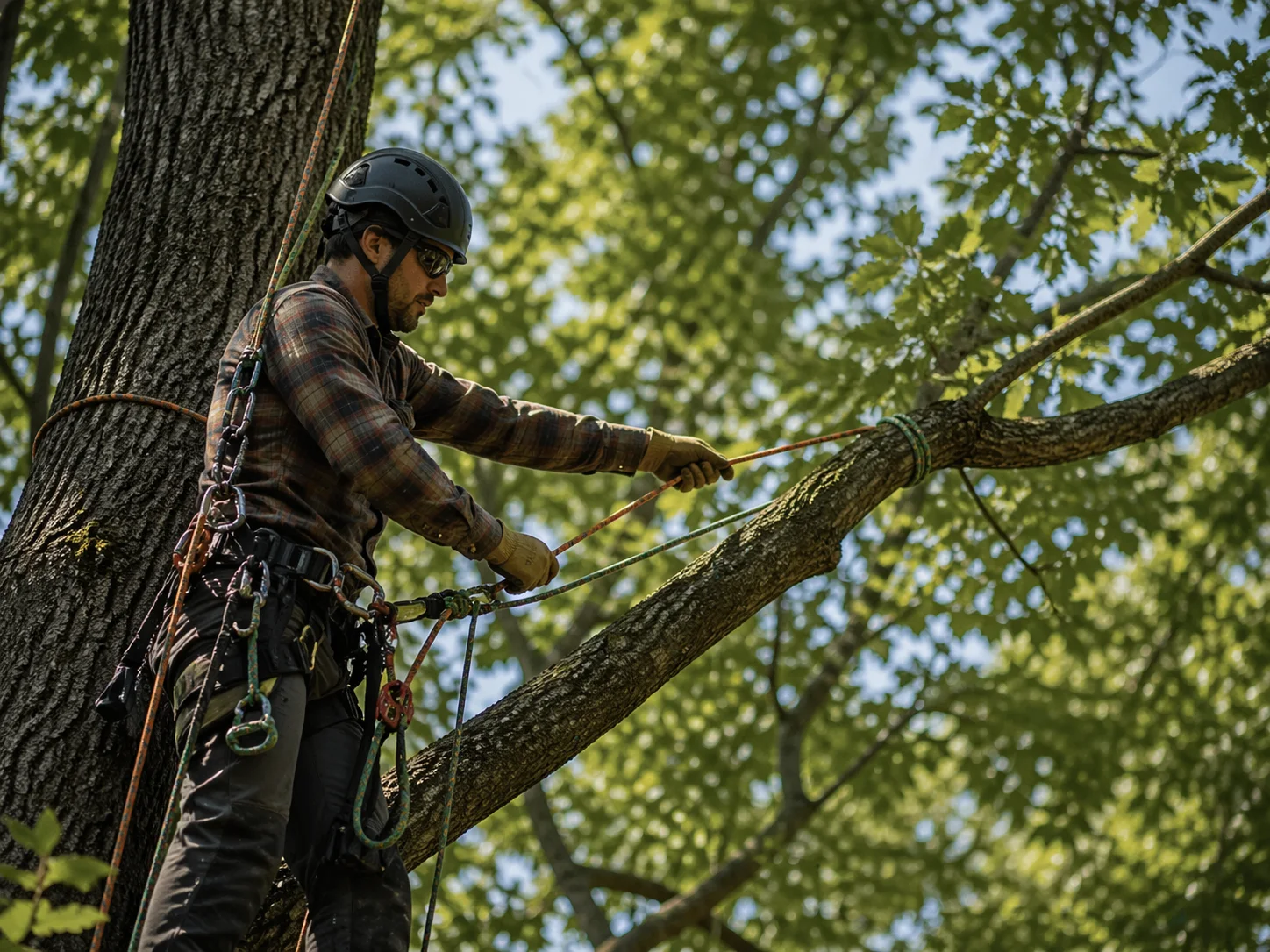 Tree climber performing maintenance work in a green environment.