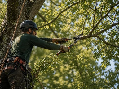 Tree trimmer pruning branches with tools in a tree.