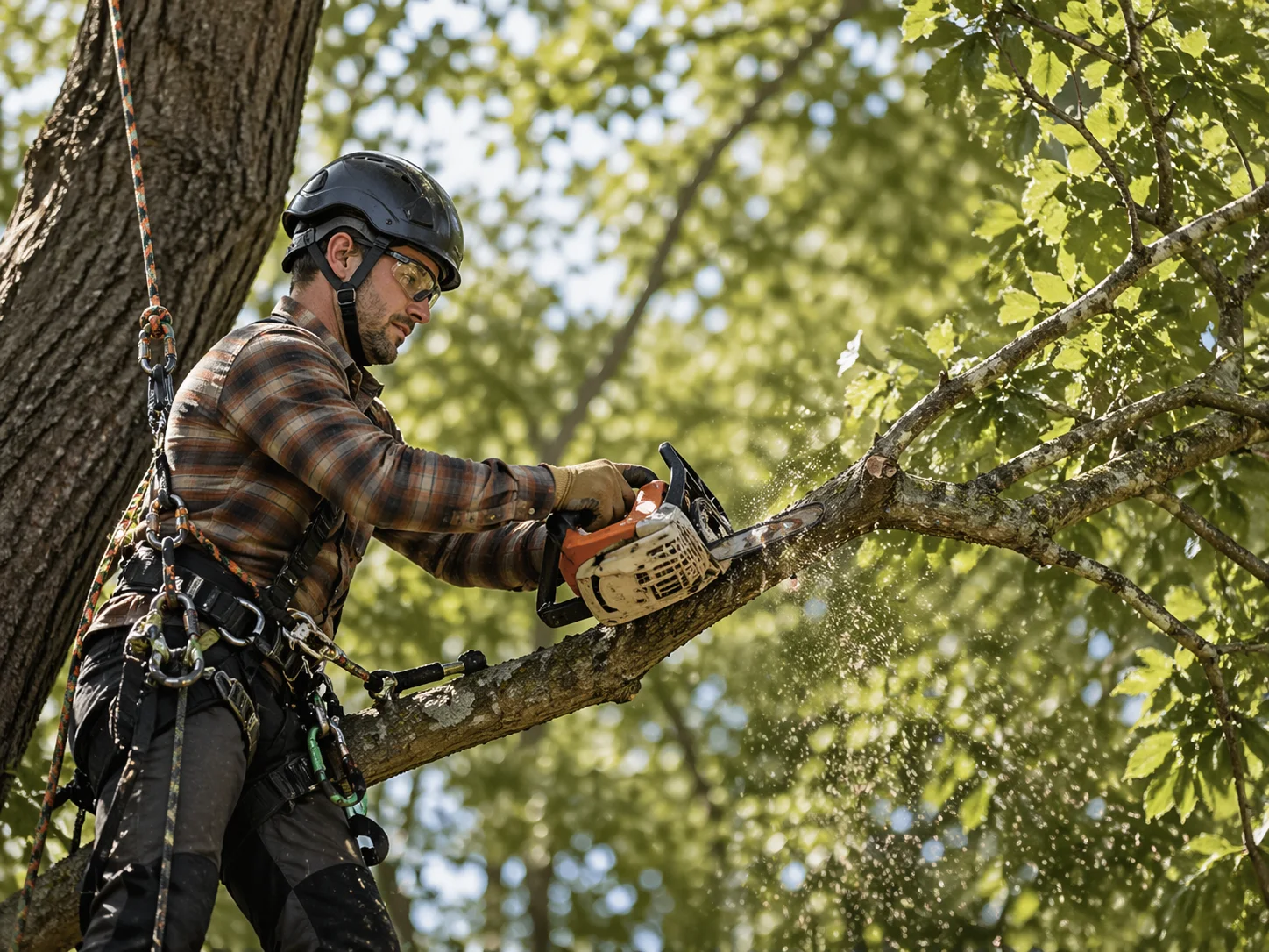 Tree worker using chainsaw to prune branches