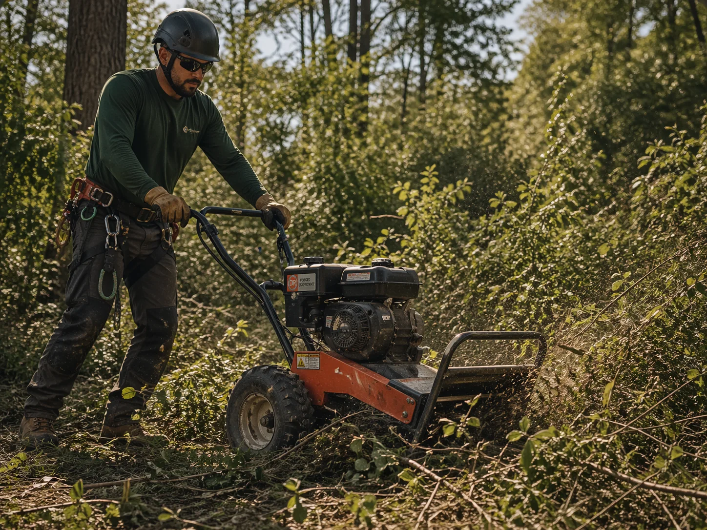 Man operating a brush cutter in a green forest