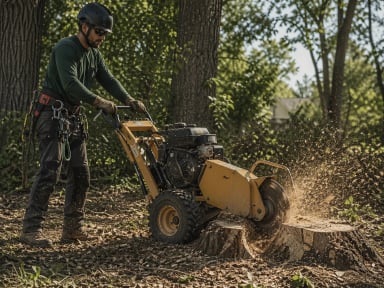 A person using a stump grinder in a forested area.