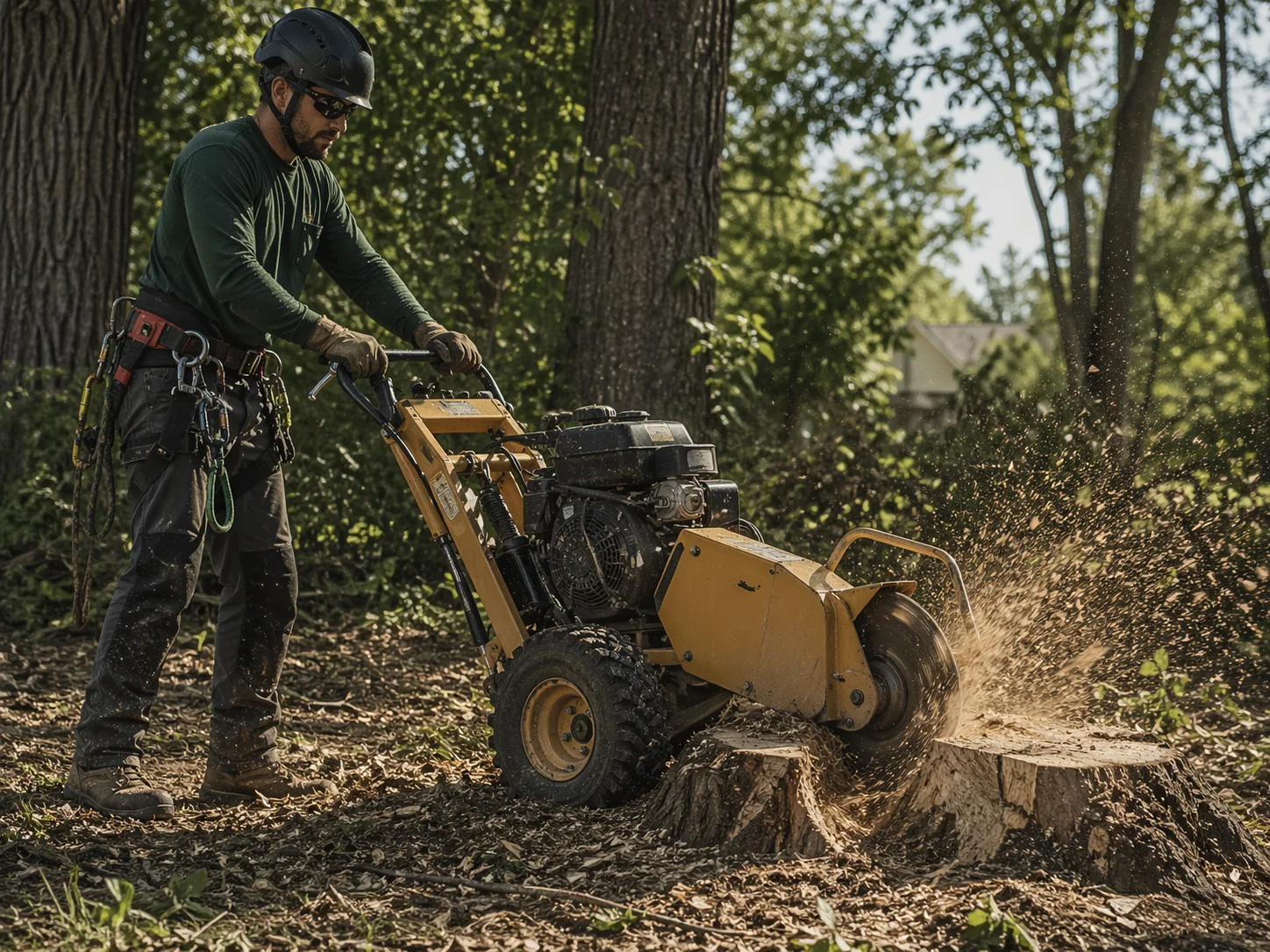 A person using a stump grinder in a forested area.
